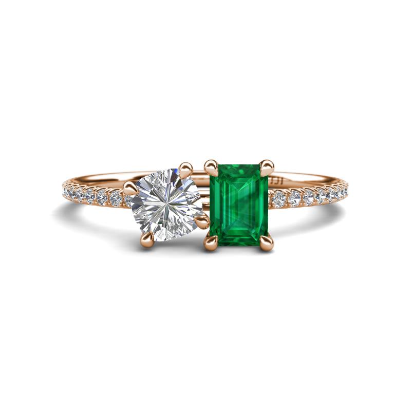 Elyse 6.00 mm Cushion Shape Forever Brilliant Moissanite and 7x5 mm Emerald Shape Lab Created Emerald 2 Stone Duo Ring 