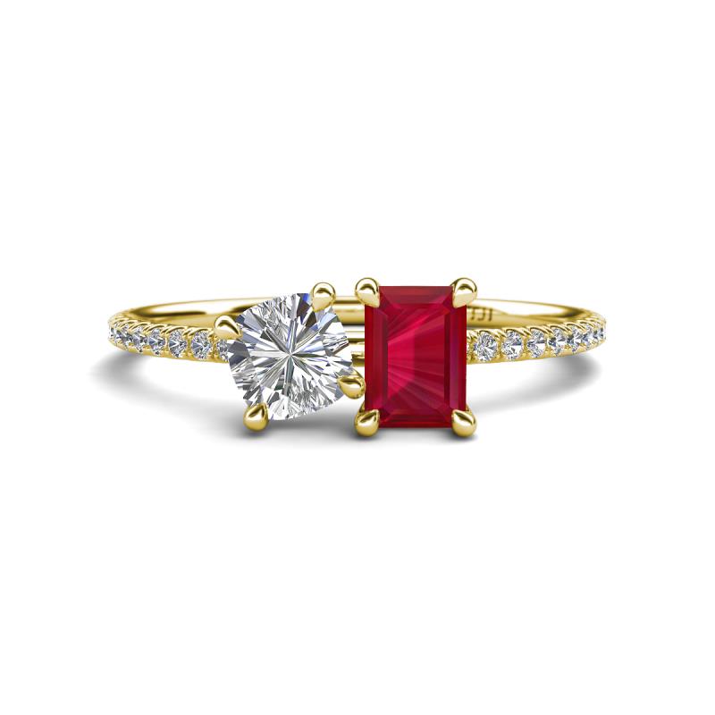 Elyse 6.00 mm Cushion Shape Forever Brilliant Moissanite and 7x5 mm Emerald Shape Lab Created Ruby 2 Stone Duo Ring 