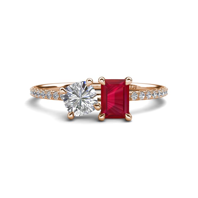 Elyse 6.00 mm Cushion Shape Forever Brilliant Moissanite and 7x5 mm Emerald Shape Lab Created Ruby 2 Stone Duo Ring 