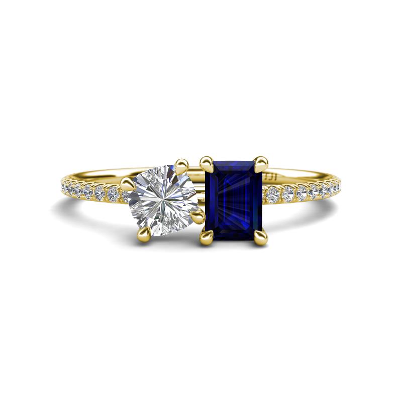 Elyse 6.00 mm Cushion Shape Forever One Moissanite and 7x5 mm Emerald Shape Lab Created Blue Sapphire 2 Stone Duo Ring 