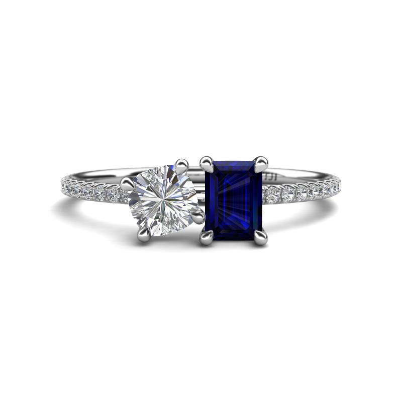 Elyse 6.00 mm Cushion Shape Forever One Moissanite and 7x5 mm Emerald Shape Lab Created Blue Sapphire 2 Stone Duo Ring 