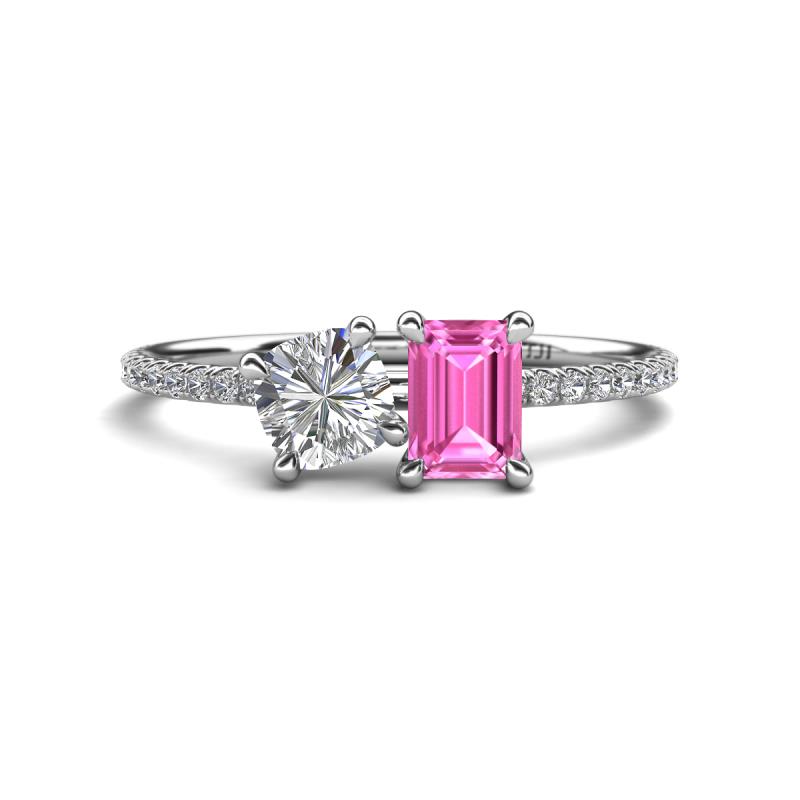 Elyse 6.00 mm Cushion Shape Forever Brilliant Moissanite and 7x5 mm Emerald Shape Lab Created Pink Sapphire 2 Stone Duo Ring 
