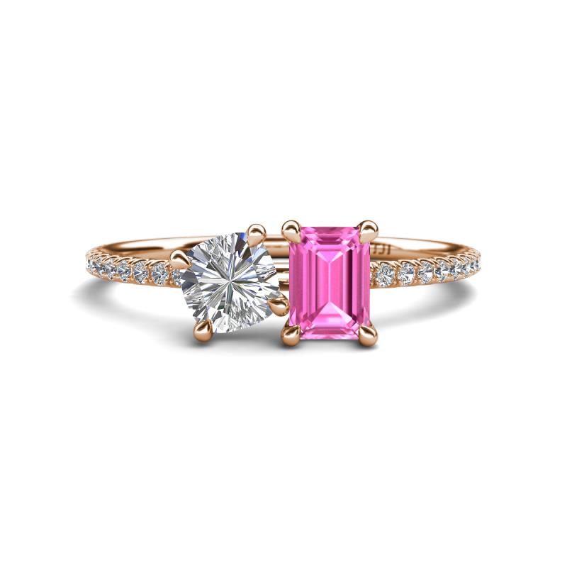 Elyse 6.00 mm Cushion Shape Forever One Moissanite and 7x5 mm Emerald Shape Lab Created Pink Sapphire 2 Stone Duo Ring 