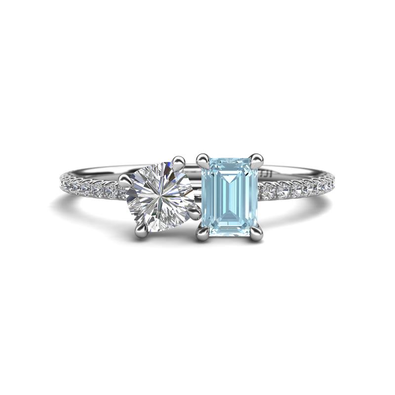 Elyse 6.00 mm Cushion Shape Forever Brilliant Moissanite and 7x5 mm Emerald Shape Aquamarine 2 Stone Duo Ring 