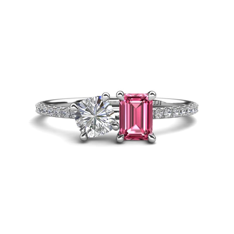 Elyse 6.00 mm Cushion Shape Forever Brilliant Moissanite and 7x5 mm Emerald Shape Pink Tourmaline 2 Stone Duo Ring 