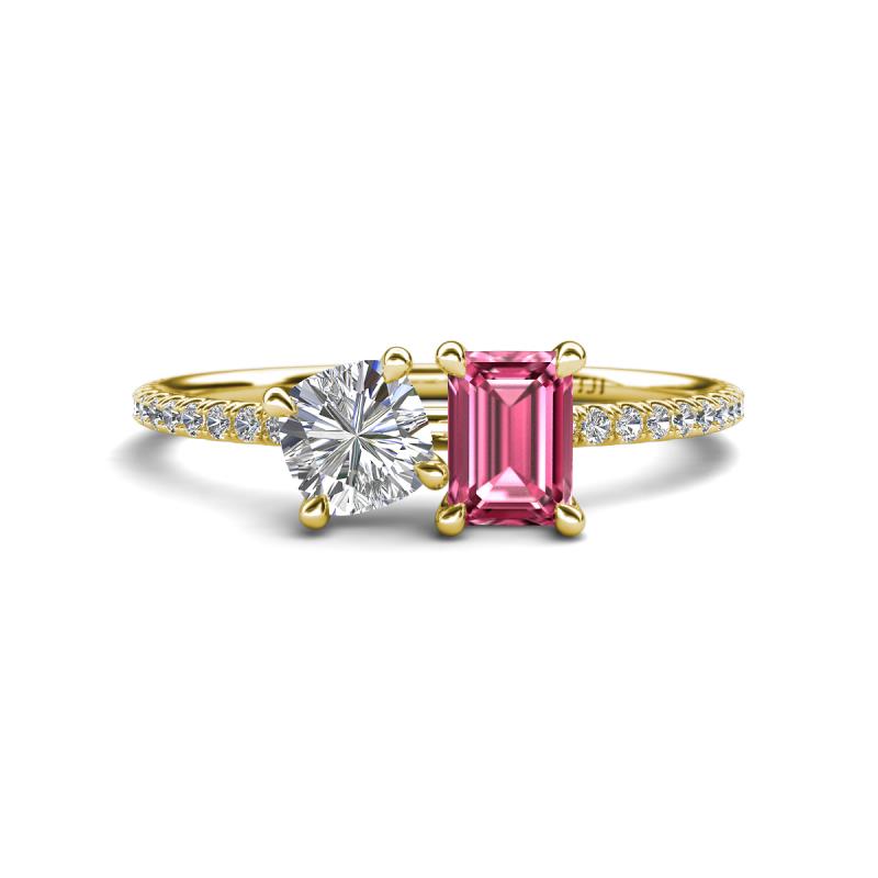 Elyse 6.00 mm Cushion Shape Forever Brilliant Moissanite and 7x5 mm Emerald Shape Pink Tourmaline 2 Stone Duo Ring 
