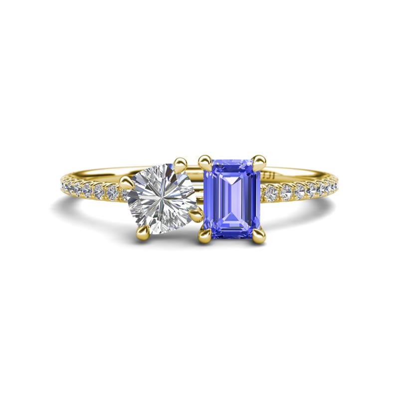 Elyse 6.00 mm Cushion Shape Forever Brilliant Moissanite and 7x5 mm Emerald Shape Tanzanite 2 Stone Duo Ring 