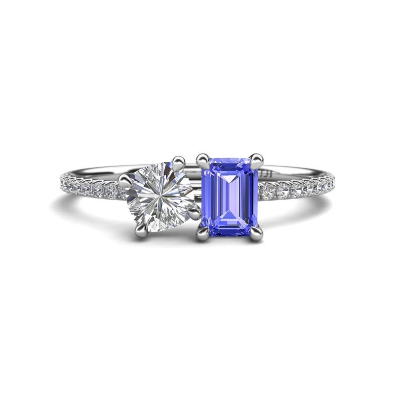 Elyse 6.00 mm Cushion Shape Forever One Moissanite and 7x5 mm Emerald Shape Tanzanite 2 Stone Duo Ring 