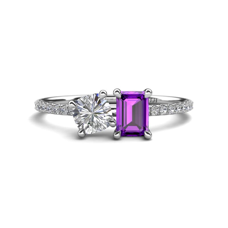 Elyse 6.00 mm Cushion Shape Forever One Moissanite and 7x5 mm Emerald Shape Amethyst 2 Stone Duo Ring 
