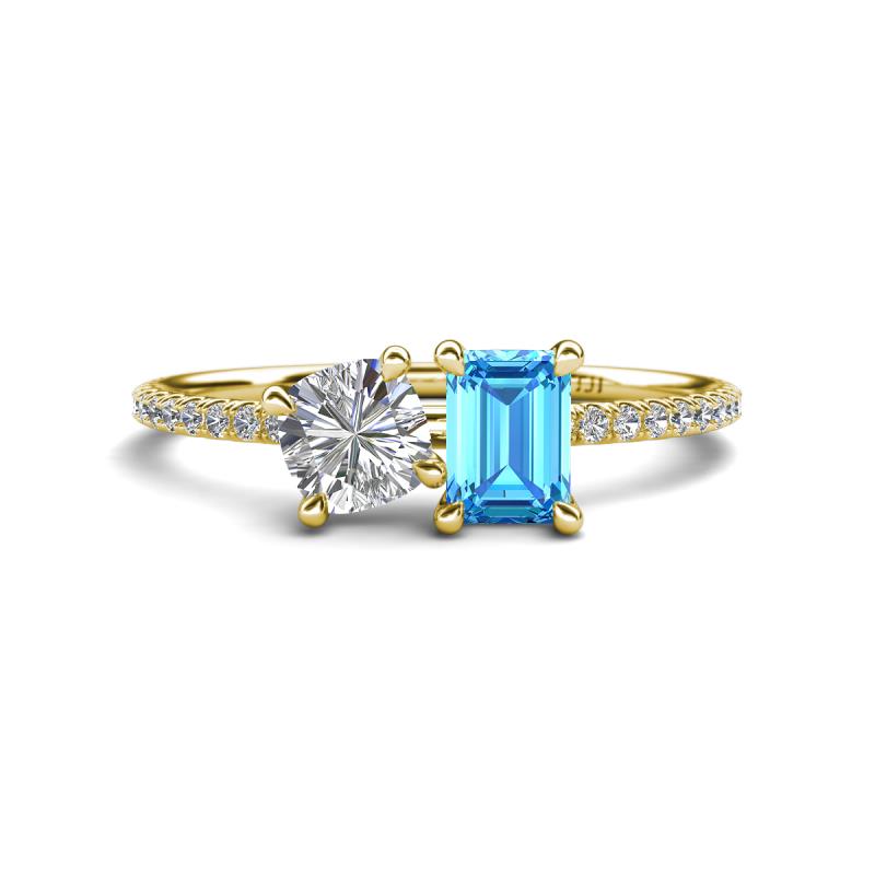 Elyse 6.00 mm Cushion Shape Forever Brilliant Moissanite and 7x5 mm Emerald Shape Blue Topaz 2 Stone Duo Ring 