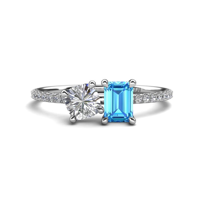 Elyse 6.00 mm Cushion Shape Forever One Moissanite and 7x5 mm Emerald Shape Blue Topaz 2 Stone Duo Ring 