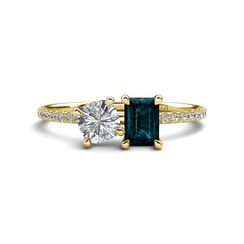 Elyse 6.00 mm Cushion Shape Forever One Moissanite and 7x5 mm Emerald Shape London Blue Topaz 2 Stone Duo Ring 
