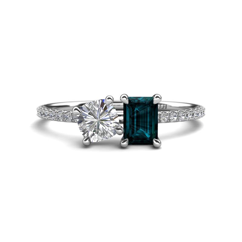Elyse 6.00 mm Cushion Shape Forever One Moissanite and 7x5 mm Emerald Shape London Blue Topaz 2 Stone Duo Ring 