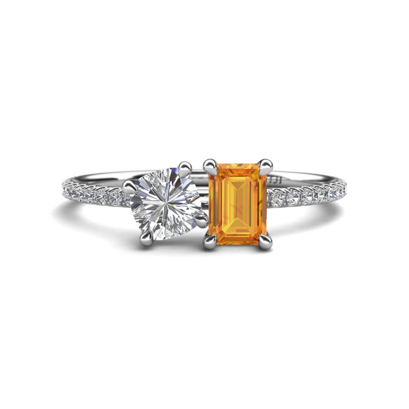 Elyse 6.00 mm Cushion Shape Forever Brilliant Moissanite and 7x5 mm Emerald Shape Citrine 2 Stone Duo Ring 