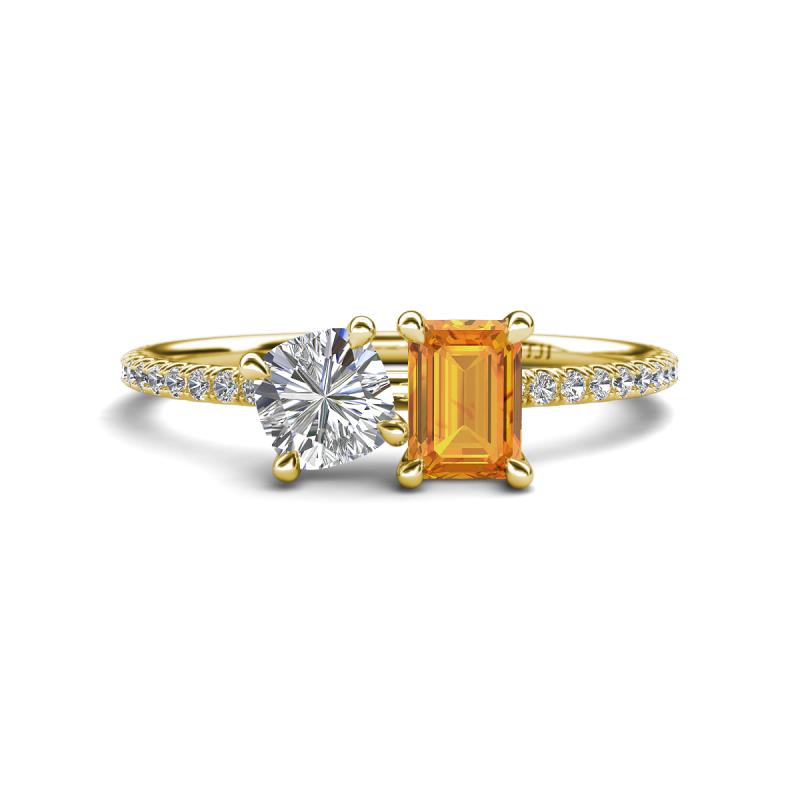 Elyse 6.00 mm Cushion Shape Forever Brilliant Moissanite and 7x5 mm Emerald Shape Citrine 2 Stone Duo Ring 