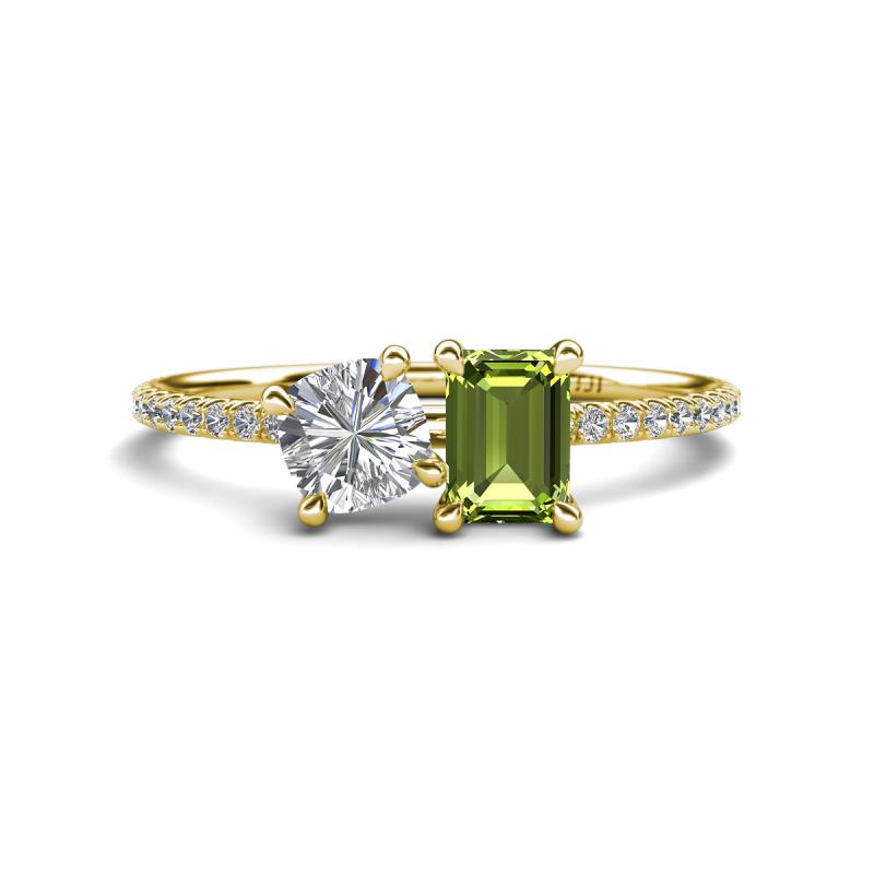 Elyse 6.00 mm Cushion Shape Forever Brilliant Moissanite and 7x5 mm Emerald Shape Peridot 2 Stone Duo Ring 