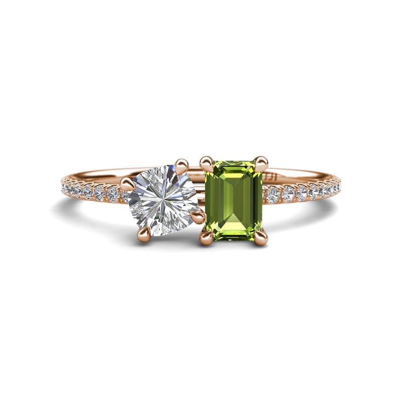 Elyse 6.00 mm Cushion Shape Forever One Moissanite and 7x5 mm Emerald Shape Peridot 2 Stone Duo Ring 