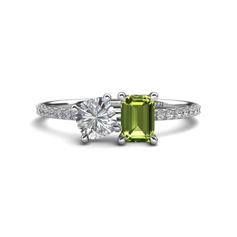 Elyse 6.00 mm Cushion Shape Forever One Moissanite and 7x5 mm Emerald Shape Peridot 2 Stone Duo Ring 