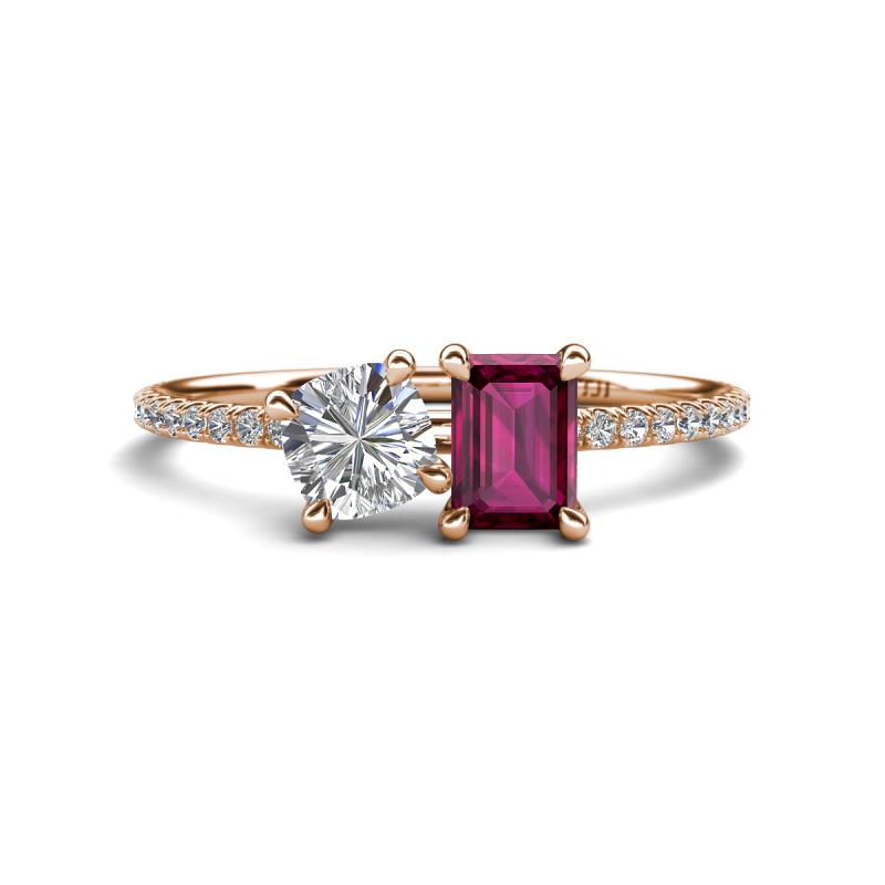 Elyse 6.00 mm Cushion Shape Forever One Moissanite and 7x5 mm Emerald Shape Rhodolite Garnet 2 Stone Duo Ring 