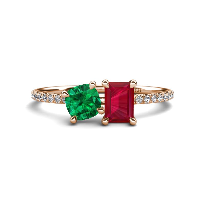 Elyse 6.00 mm Cushion Shape Lab Created Emerald and 7x5 mm Emerald Shape Lab Created Ruby 2 Stone Duo Ring 