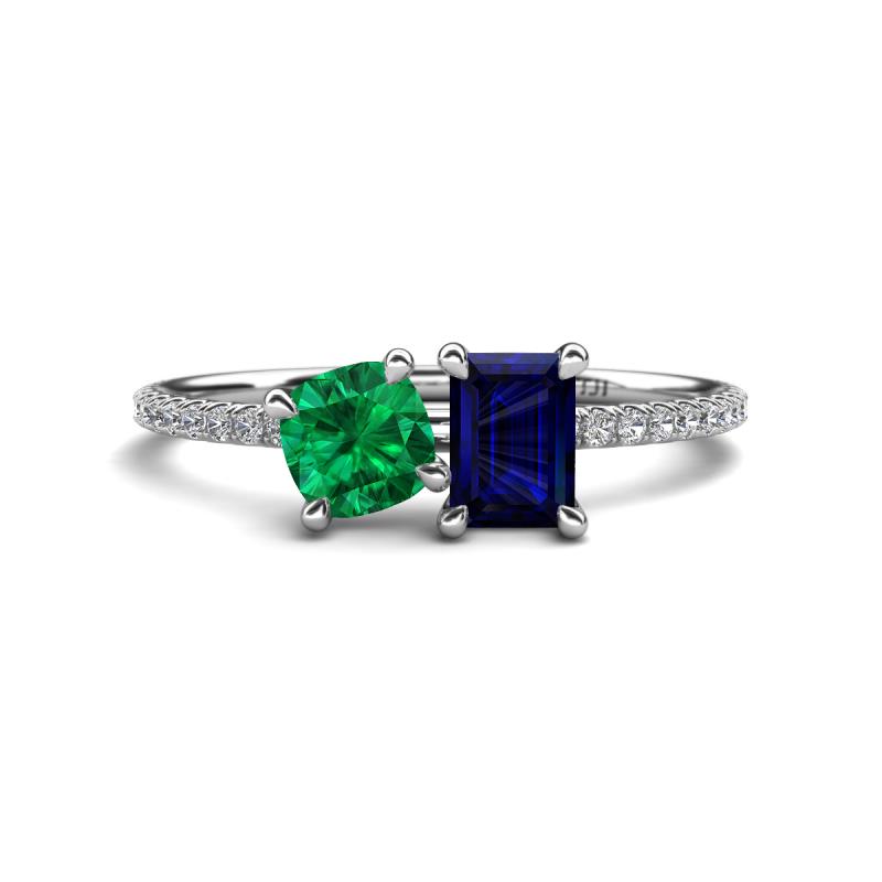 Elyse 6.00 mm Cushion Shape Lab Created Emerald and 7x5 mm Emerald Shape Lab Created Blue Sapphire 2 Stone Duo Ring 