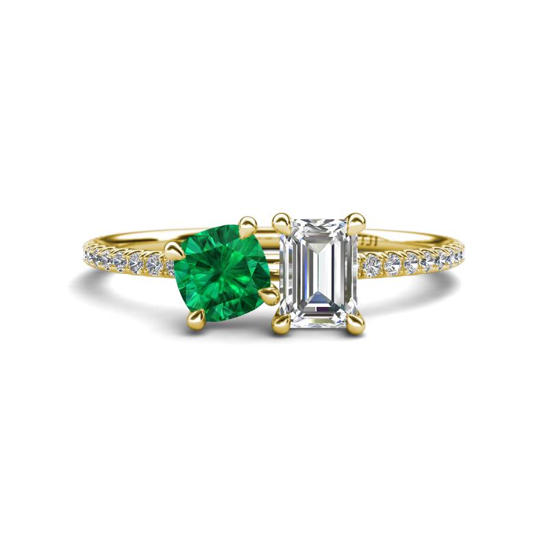 Elyse 6.00 mm Cushion Shape Lab Created Emerald and 7x5 mm Emerald Shape Forever Brilliant Moissanite 2 Stone Duo Ring 