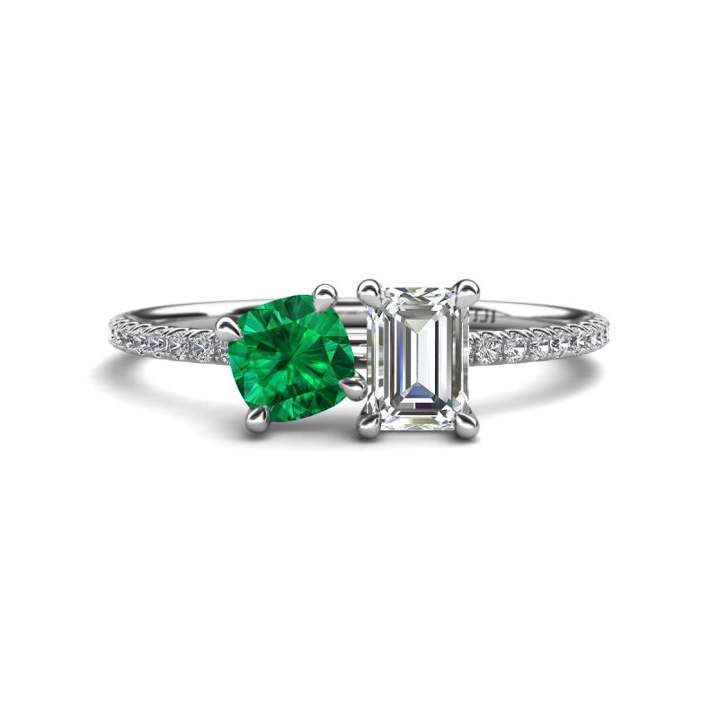 Elyse 6.00 mm Cushion Shape Lab Created Emerald and 7x5 mm Emerald Shape Forever One Moissanite 2 Stone Duo Ring 