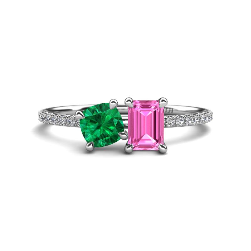 Elyse 6.00 mm Cushion Shape Lab Created Emerald and 7x5 mm Emerald Shape Lab Created Pink Sapphire 2 Stone Duo Ring 
