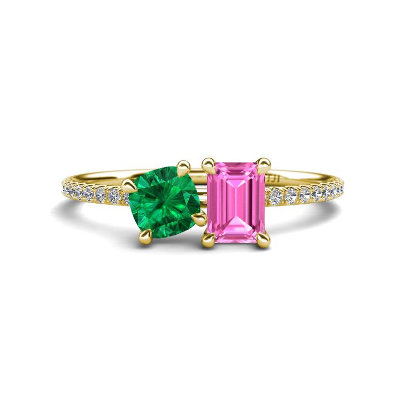 Elyse 6.00 mm Cushion Shape Lab Created Emerald and 7x5 mm Emerald Shape Lab Created Pink Sapphire 2 Stone Duo Ring 