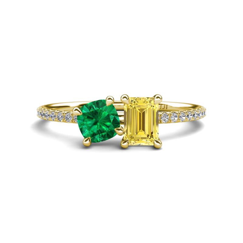 Elyse 6.00 mm Cushion Shape Lab Created Emerald and 7x5 mm Emerald Shape Lab Created Yellow Sapphire 2 Stone Duo Ring 