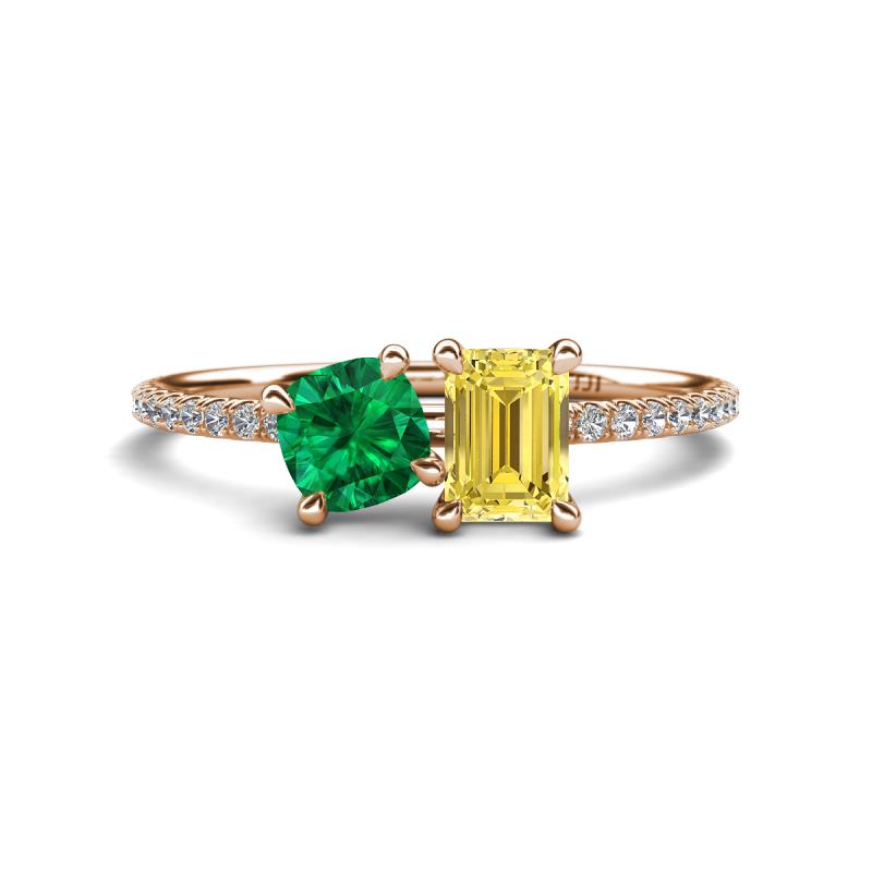 Elyse 6.00 mm Cushion Shape Lab Created Emerald and 7x5 mm Emerald Shape Lab Created Yellow Sapphire 2 Stone Duo Ring 