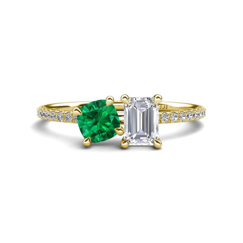 Elyse 6.00 mm Cushion Shape Lab Created Emerald and 7x5 mm Emerald Shape White Sapphire 2 Stone Duo Ring 