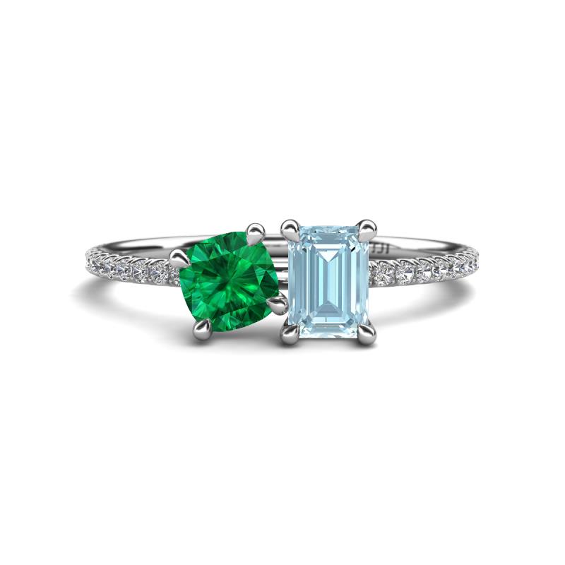Elyse 6.00 mm Cushion Shape Lab Created Emerald and 7x5 mm Emerald Shape Aquamarine 2 Stone Duo Ring 
