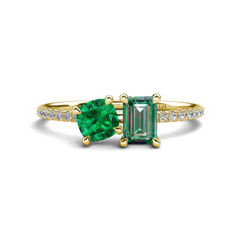 Elyse 6.00 mm Cushion Shape Lab Created Emerald and 7x5 mm Emerald Shape Lab Created Alexandrite 2 Stone Duo Ring 
