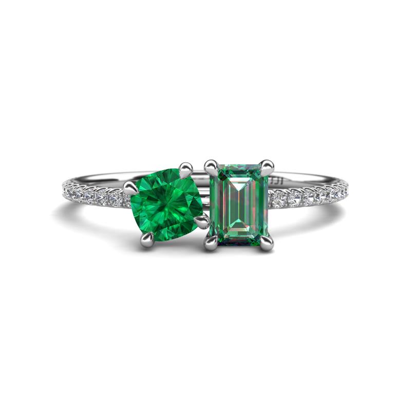 Elyse 6.00 mm Cushion Shape Lab Created Emerald and 7x5 mm Emerald Shape Lab Created Alexandrite 2 Stone Duo Ring 