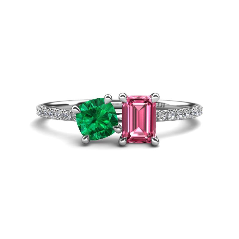 Elyse 6.00 mm Cushion Shape Lab Created Emerald and 7x5 mm Emerald Shape Pink Tourmaline 2 Stone Duo Ring 