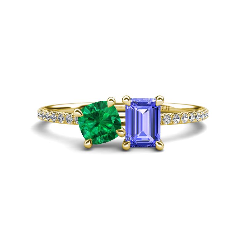 Elyse 6.00 mm Cushion Shape Lab Created Emerald and 7x5 mm Emerald Shape Tanzanite 2 Stone Duo Ring 