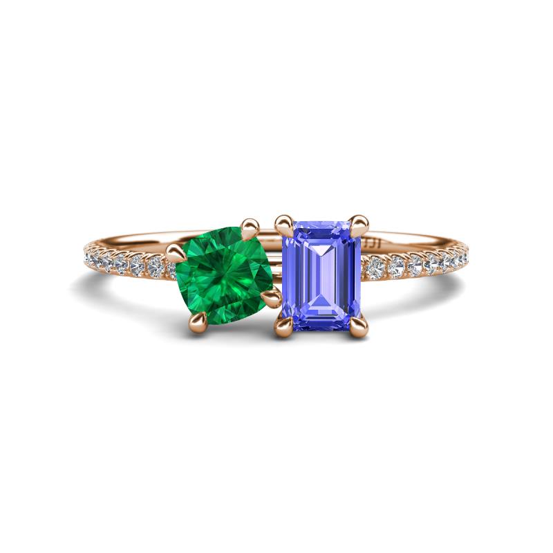 Elyse 6.00 mm Cushion Shape Lab Created Emerald and 7x5 mm Emerald Shape Tanzanite 2 Stone Duo Ring 