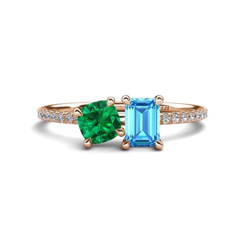 Elyse 6.00 mm Cushion Shape Lab Created Emerald and 7x5 mm Emerald Shape Blue Topaz 2 Stone Duo Ring 