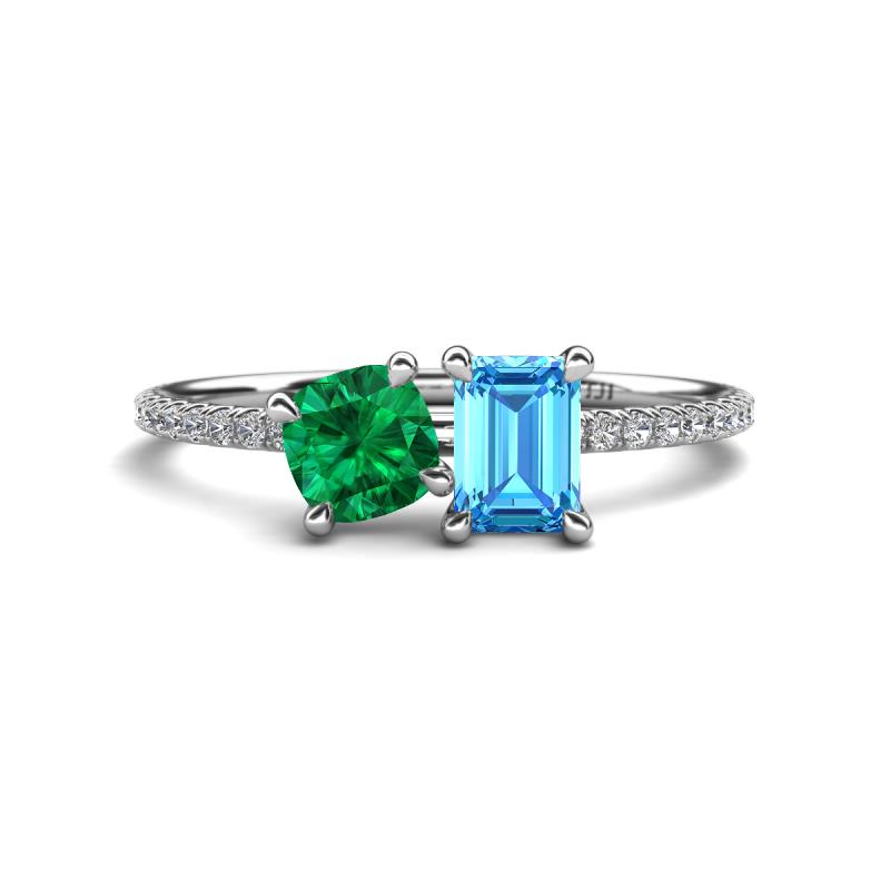 Elyse 6.00 mm Cushion Shape Lab Created Emerald and 7x5 mm Emerald Shape Blue Topaz 2 Stone Duo Ring 