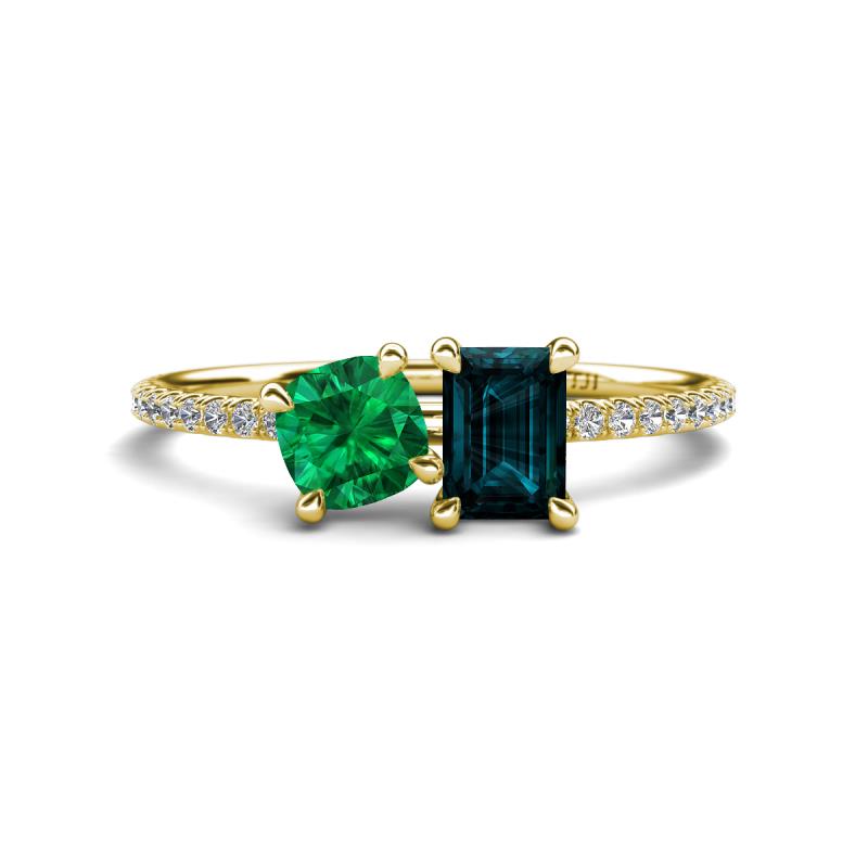 Elyse 6.00 mm Cushion Shape Lab Created Emerald and 7x5 mm Emerald Shape London Blue Topaz 2 Stone Duo Ring 