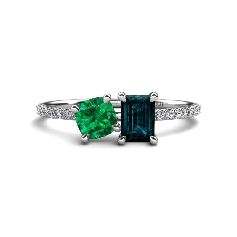 Elyse 6.00 mm Cushion Shape Lab Created Emerald and 7x5 mm Emerald Shape London Blue Topaz 2 Stone Duo Ring 