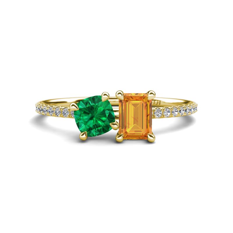 Elyse 6.00 mm Cushion Shape Lab Created Emerald and 7x5 mm Emerald Shape Citrine 2 Stone Duo Ring 