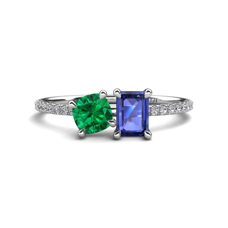 Elyse 6.00 mm Cushion Shape Lab Created Emerald and 7x5 mm Emerald Shape Iolite 2 Stone Duo Ring 