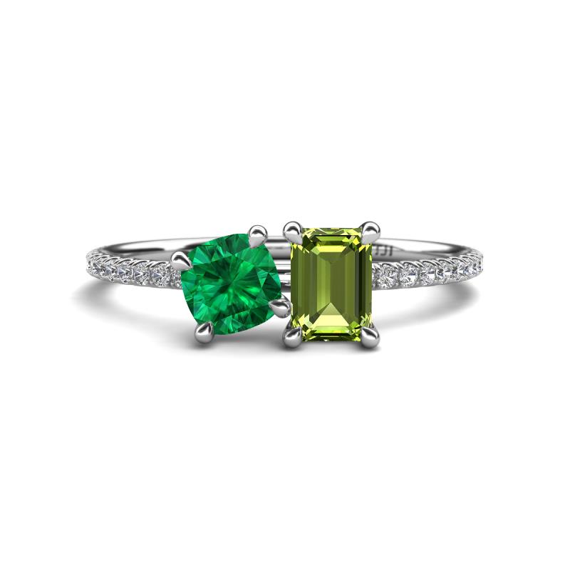 Elyse 6.00 mm Cushion Shape Lab Created Emerald and 7x5 mm Emerald Shape Peridot 2 Stone Duo Ring 
