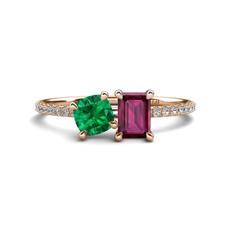Elyse 6.00 mm Cushion Shape Lab Created Emerald and 7x5 mm Emerald Shape Rhodolite Garnet 2 Stone Duo Ring 
