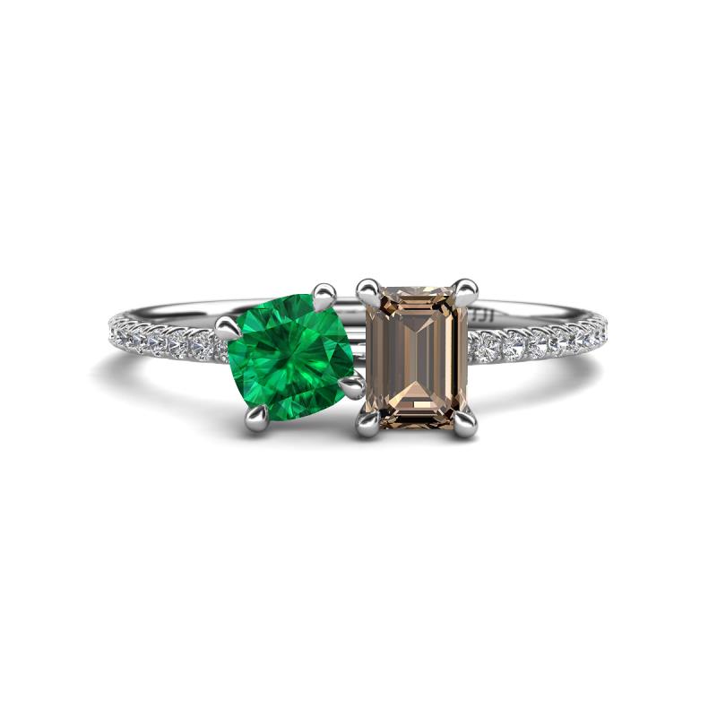 Elyse 6.00 mm Cushion Shape Lab Created Emerald and 7x5 mm Emerald Shape Smoky Quartz 2 Stone Duo Ring 