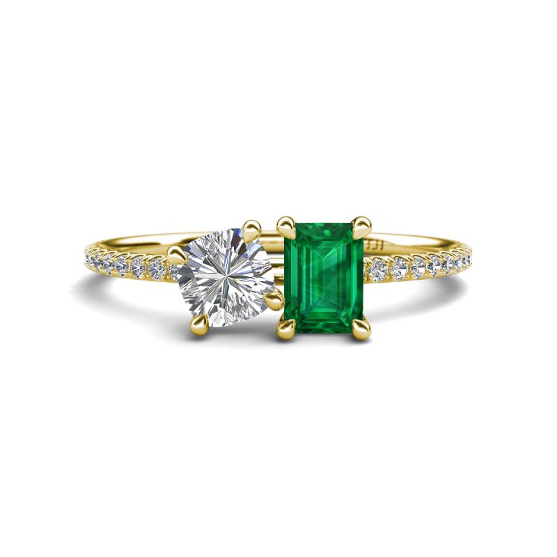 Elyse IGI Certified 6.00 mm Cushion Shape Lab Grown Diamond and 7x5 mm Emerald Shape Lab Created Emerald 2 Stone Duo Ring 