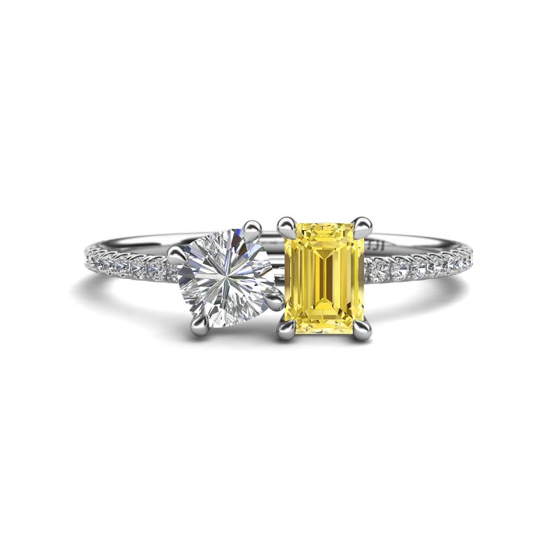 Elyse IGI Certified 6.00 mm Cushion Shape Lab Grown Diamond and 7x5 mm Emerald Shape Lab Created Yellow Sapphire 2 Stone Duo Ring 