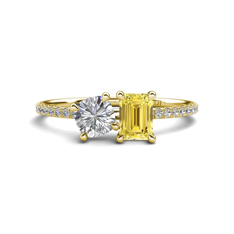 Elyse IGI Certified 6.00 mm Cushion Shape Lab Grown Diamond and 7x5 mm Emerald Shape Lab Created Yellow Sapphire 2 Stone Duo Ring 
